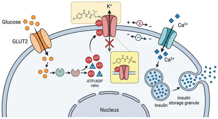 Schematiskt tvärsnitt av en pankreatisk betacell. I det vänstra cellmembranet sitter en GLUT2-transportör genom vilken glukosmolekyler pilar in i cellen. Inuti cellen metaboliseras