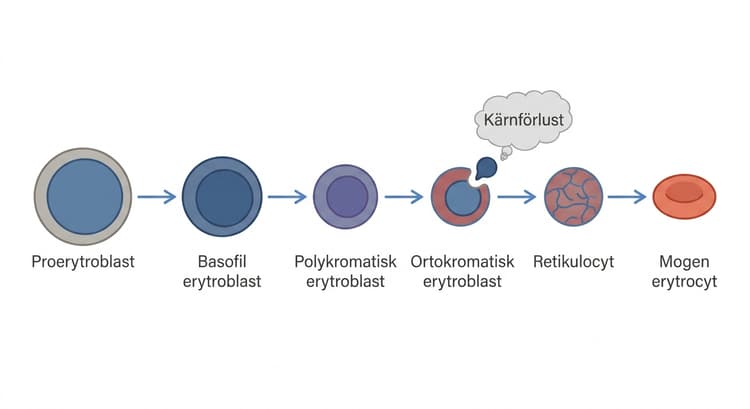Erytropoesens steg från proerytroblast via erytroblaster och retikulocyt till mogen erytrocyt