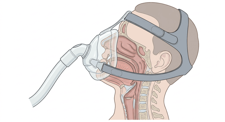 Patient med ansiktsmask för non-invasiv ventilation