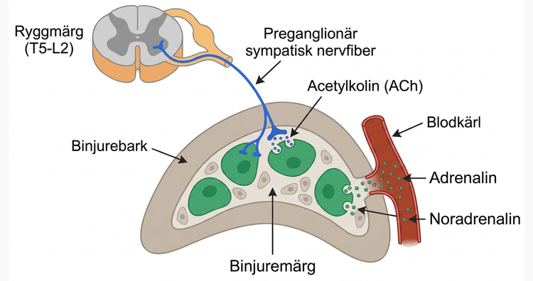 Preganglionär sympatisk innervation av binjuremärgens kromaffina celler