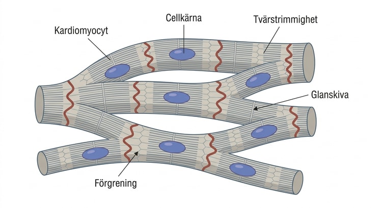 Schematisk bild av kardiomyocyter med kärnor, tvärstrimmighet och intercalated discs