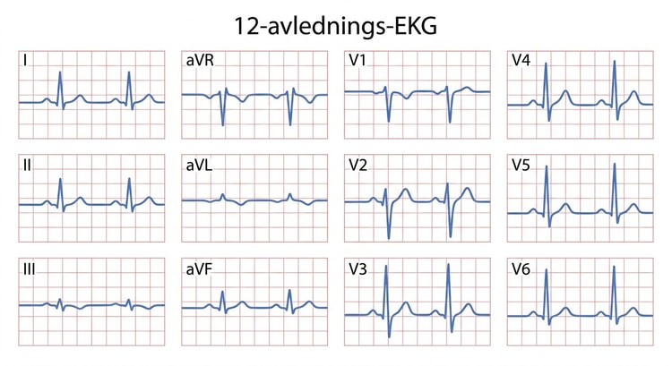 Kliniskt tolvanaligt EKG med extremitets- och bröstavledningar.