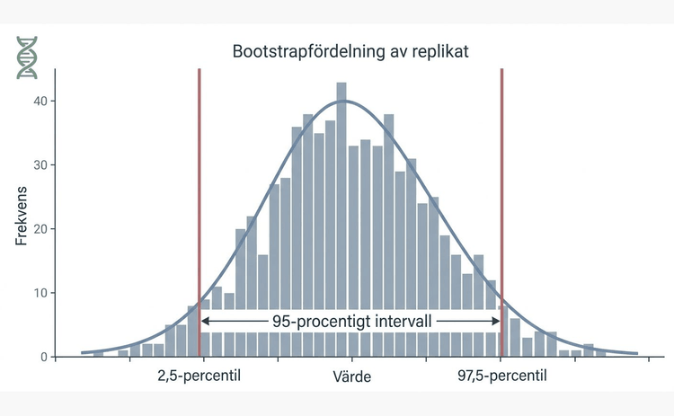 Bootstrapfördelning med nedre och övre percentil som gränser för ett 95-procentigt intervall.