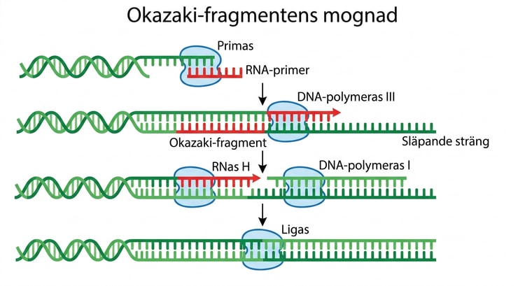 Schema över bildning och avlägsnande av RNA-primrar under Okazaki-fragmentens mognad.