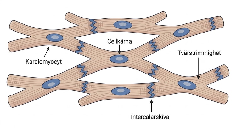 Schematisk illustration av förgrenade kardiomyocyter sammanbundna med interkalarplattor.