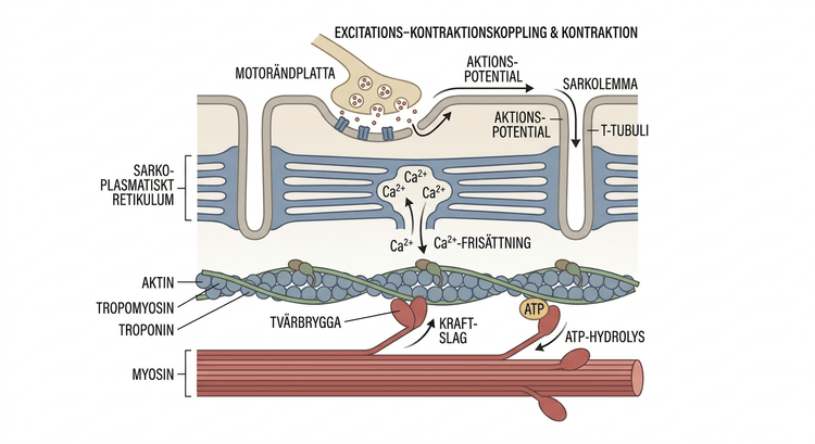 Schematisk framställning av excitations–kontraktionskoppling och kontraktion i skelettmuskel