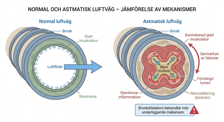 Schematisk bild av normal luftväg och astmatisk luftväg med bronkförträngning, inflammation, slem och remodellering