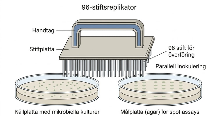 96-stiftsreplikator för parallell inokulering av mikrobiella kulturer