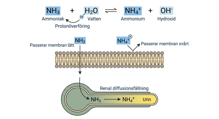 Protonöverföring mellan ammoniak och vatten med bildning av ammonium och hydroxid