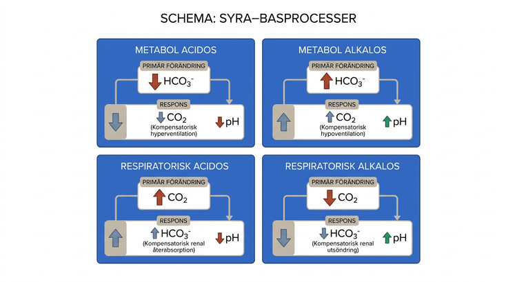 Schema över metabol och respiratorisk acidos respektive alkalos