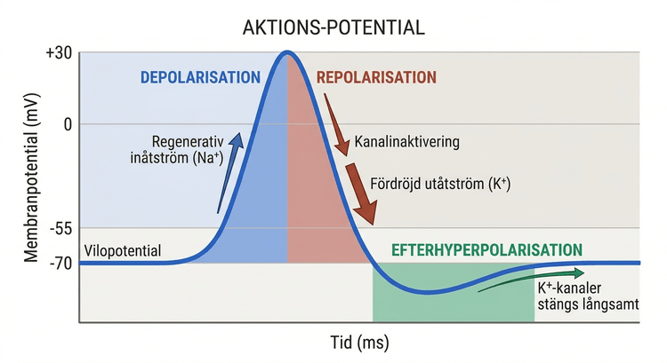 Schematisk aktionspotential med depolarisation, repolarisation och efterhyperpolarisation