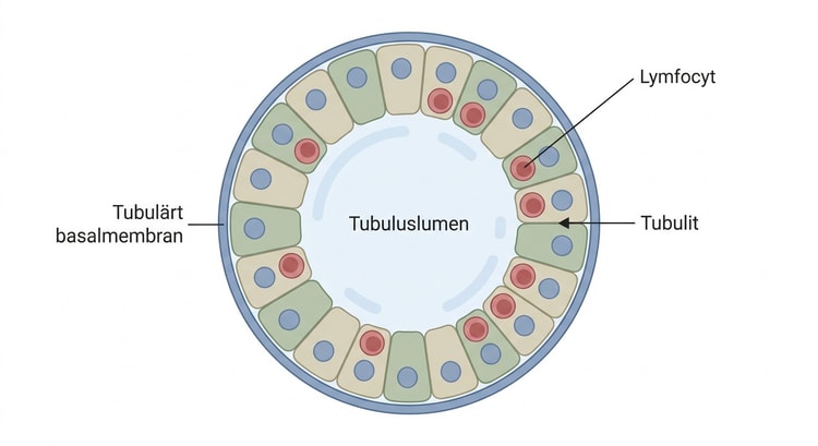 Njurgraftbiopsi med lymfocyter inne i tubulusepitelet, förenligt med tubulit.