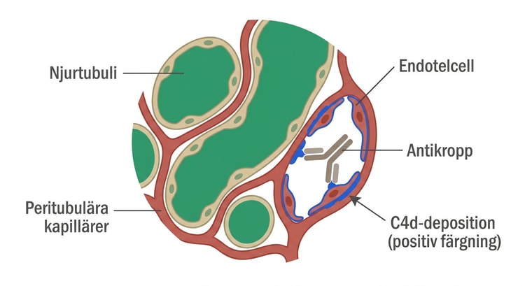 Immunhistokemisk färgning med positivt C4d i peritubulära kapillärer i ett njurtransplantat.