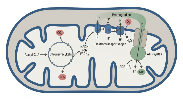 Mitokondriell aerob metabolism med citronsyracykel och respirationskedja