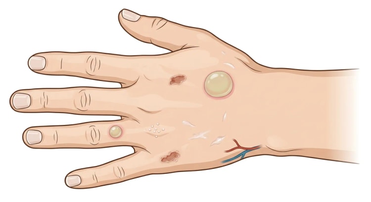 Handrygg med en stor spänd blåsa, en liten blåsa på ett finger, två krustbelagda erosioner, en grupp små vita milier och bleka ärr, som vid hudmanifestation av hereditär koproporfyri eller porfyria variegata.