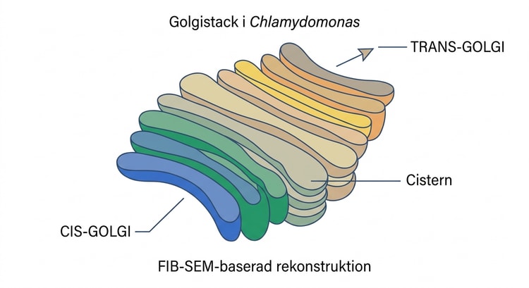 Tredimensionell rekonstruktion av en Golgistack i algen Chlamydomonas med markerad cis- och transpolaritet