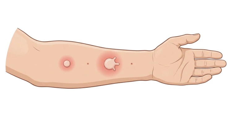 Tecknad underarm med handflatan uppåt och fyra pricktestställen i rad. Två ställen har en upphöjd blek kvaddel med rodnad runtom, den ena större och med utskott, medan två bara visar ett litet stickmärke.
