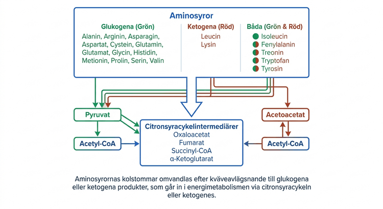 Schema över aminosyrakatabolism till pyruvat, acetyl-CoA, acetoacetat och citronsyracykelintermediärer.