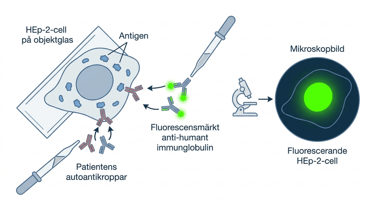 Principen för indirekt immunfluorescens vid ANA-analys på HEp-2-celler