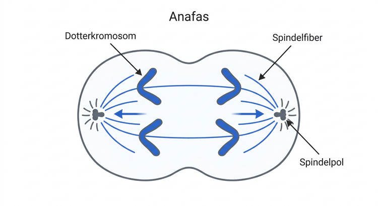 Schematisk anafas med separerade dotterkromosomer som rör sig mot motsatta spindelpoler.