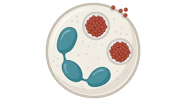Schematisk neutrofil granulocyt med treflikig kärna. I cytoplasman ligger två membranomslutna vakuoler som vardera är fyllda av en tät hopgyttring av små runda bakterier, och utanför cellmembranet ligger några enstaka fria bakterier.