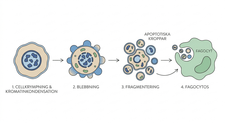 Schematisk framställning av en cell som krymper, bildar membranblebs och fragmenteras till apoptotiska kroppar.