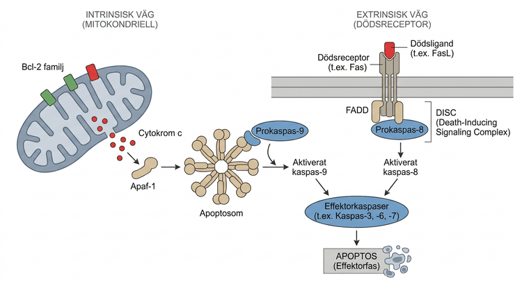 Schema över intrinsisk och extrinsisk apoptossignalering med apoptosom, DISC och aktivering av kaspaser.