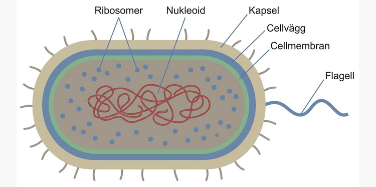 Schematisk uppbyggnad av en bakteriecell med cellhölje, cytoplasma, nukleoid, ribosomer och yttre utskott.
