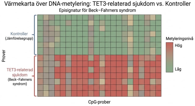 Värmekarta över DNA-metylering hos personer med TET3-relaterad sjukdom och kontroller