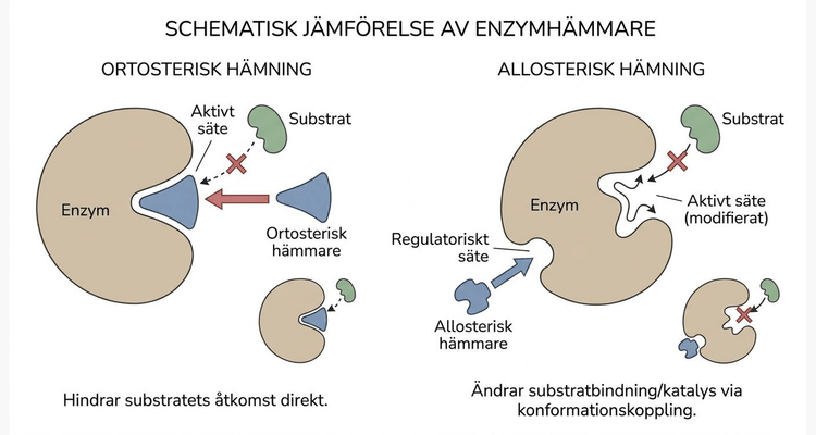 Schematisk jämförelse mellan hämmare som binder i enzymets aktiva säte och hämmare som binder på en separat plats