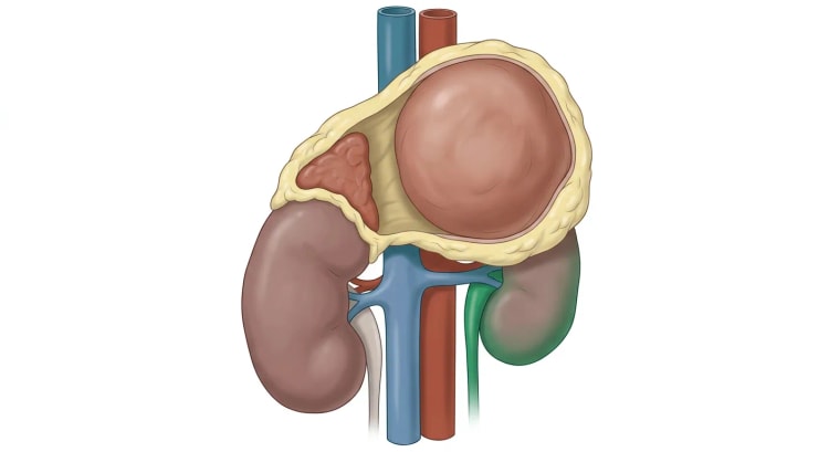 Ritad frontalbild av retroperitoneum med en stor rundad tumör i vänster binjureloge, omsluten av gulaktigt fett ovanför njurens övre pol. Vena cava inferior och aorta löper vertikalt medialt om tumören, och en liten normal binjure syns ovanför höger njure.