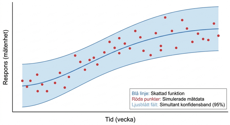 Simulerade data med ett konfidensband kring en skattad funktion.