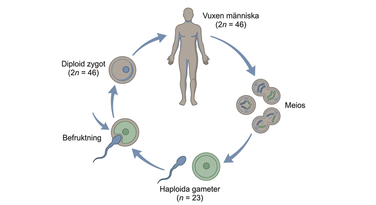 Schematisk human livscykel med meios, haploida gameter, befruktning och diploid zygot