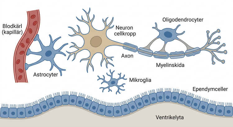 Schematisk bild av astrocyter, oligodendrocyter, mikroglia och ependymceller i relation till neuron och kärl.