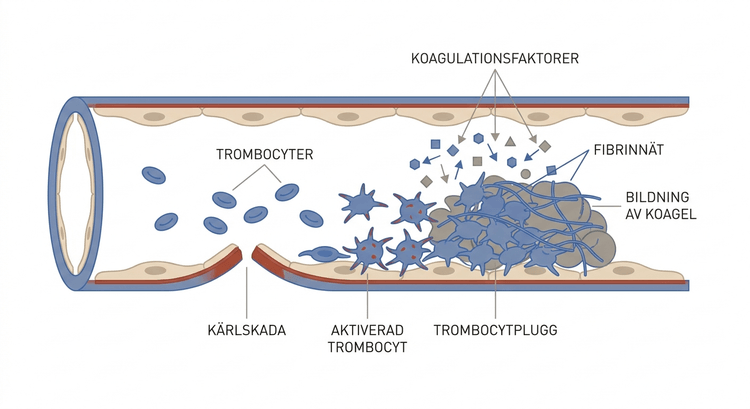Schematisk bild av kärlskada, trombocytrekrytering, koagulationsaktivering och fibrinbildning