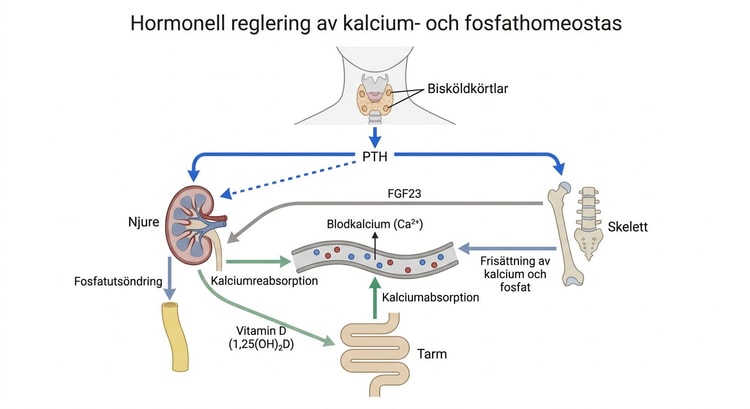 Schematisk bild av hormonell reglering mellan tarm, njure, skelett och bisköldkörtlar