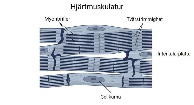 Järnhematoxylinfärgad hjärtmuskulatur med tydlig tvärstrimmighet och mörka interkalarplattor.