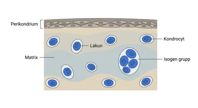 Schematisk bild av hyalint brosk med kondrocyter, lakuner, isogena grupper, matrix och perikondrium.