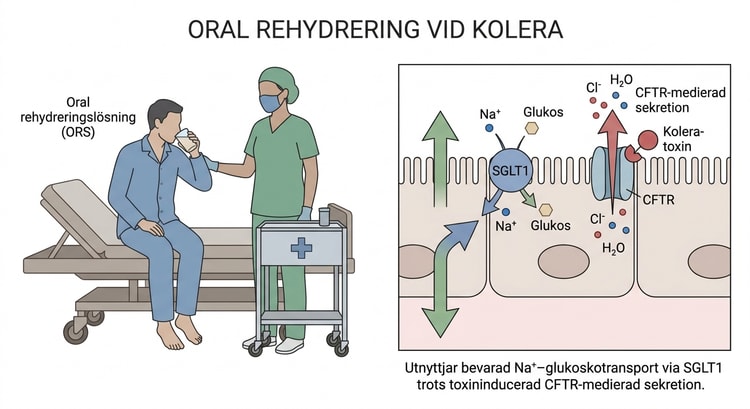 Patient med kolera som dricker oral rehydreringslösning under övervakning av vårdpersonal.