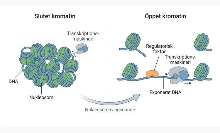 Kromatin före och efter avlägsnande av nukleosomer