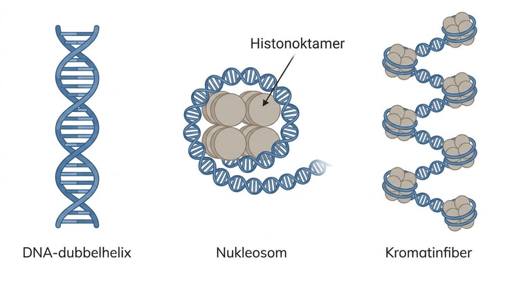 DNA-dubbelhelix lindad kring histoner till nukleosomer och kromatin