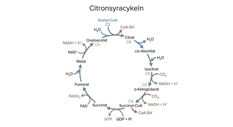 Schematisk bild av citronsyracykelns intermediärer och reaktioner