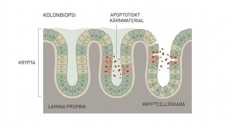 Kolonbiopsi med apoptotiskt kärnmaterial i kryptornas epitel vid gastrointestinal graft-versus-host-sjukdom.