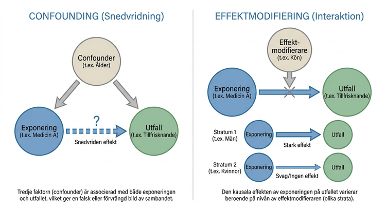 Illustration som jämför confounding med effektmodifiering.