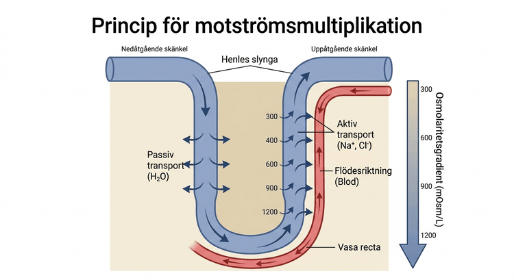 Princip för motströmsmultiplikation med en liten tvärgående skillnad och stor axial gradient