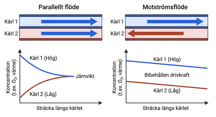 Schematisk jämförelse mellan parallellt flöde och motströmsflöde