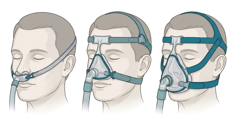 Tre sovande ansikten i halvprofil med olika CPAP-masker: näskuddar i näsborrarna, en nasal mask över näsan och en oronasal mask över näsa och mun, alla med huvudband och slang.