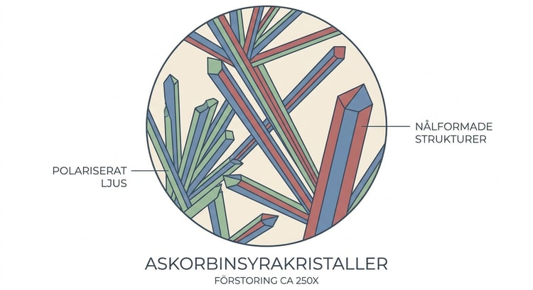 Kristaller av askorbinsyra fotograferade i polariserande mikroskop.