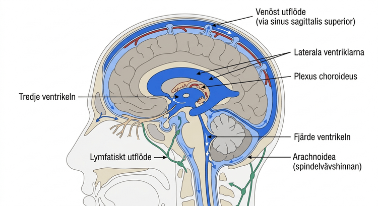 Schematisk bild av ventrikelsystemet, subaraknoidalrummet och likvorns venösa och lymfatiska utflödesvägar.