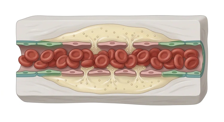 Illustration av en kapillär i längssnitt där plasma läcker ut genom vidgade förbindelser mellan endotelcellerna till den omgivande vävnaden medan erytrocyterna blir kvar i kärlet.